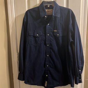 Men’s western snap shirt by Rafter C. Navy blue with pearl snaps. Large